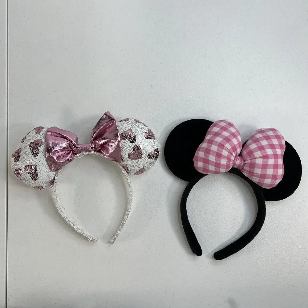 Disney Store Minnie Mickey Mouse Sequins Hearts Ears Pink Gingham Headband Black